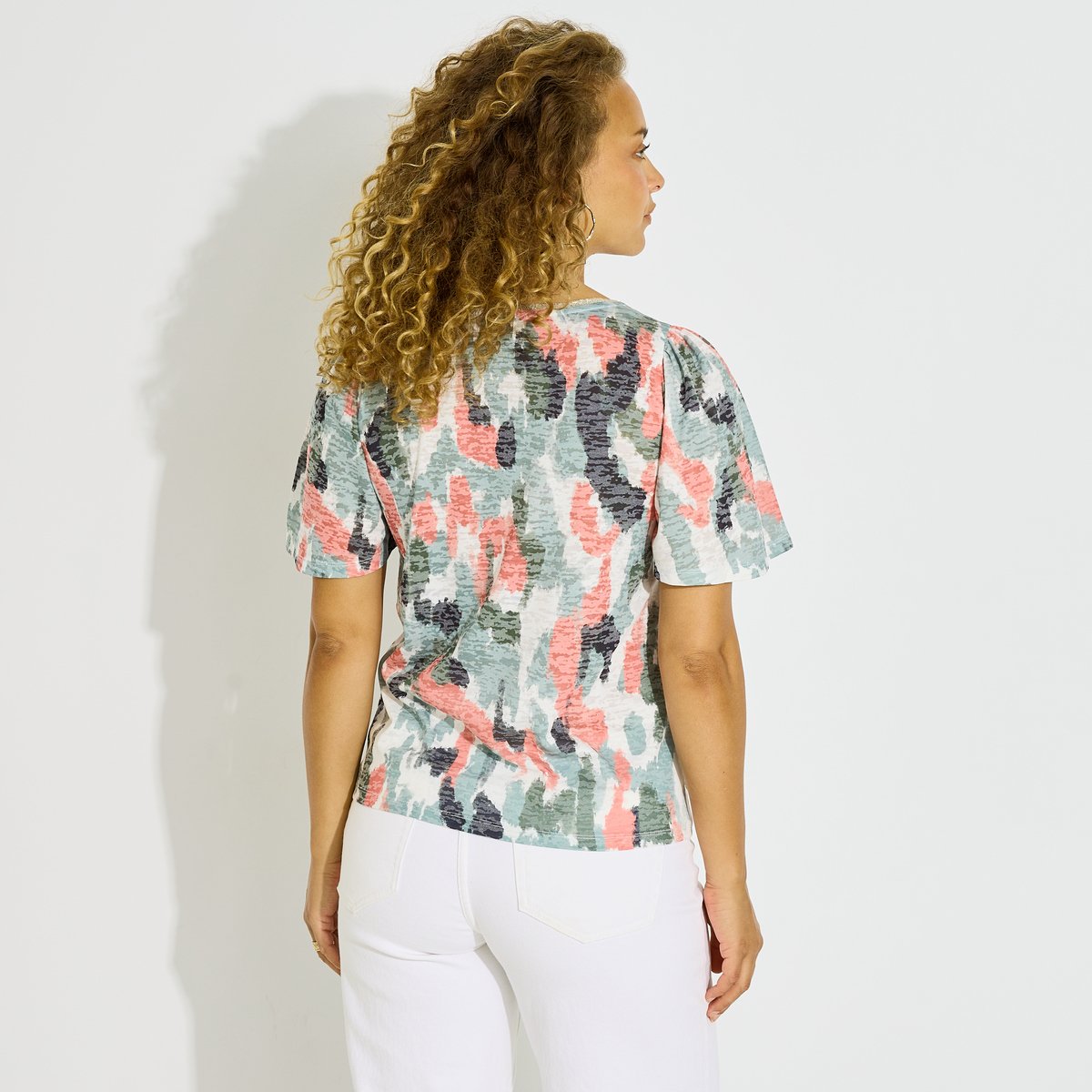 T-shirt col V imprimé abstrait vert kaki, GRAIN DE MALICE