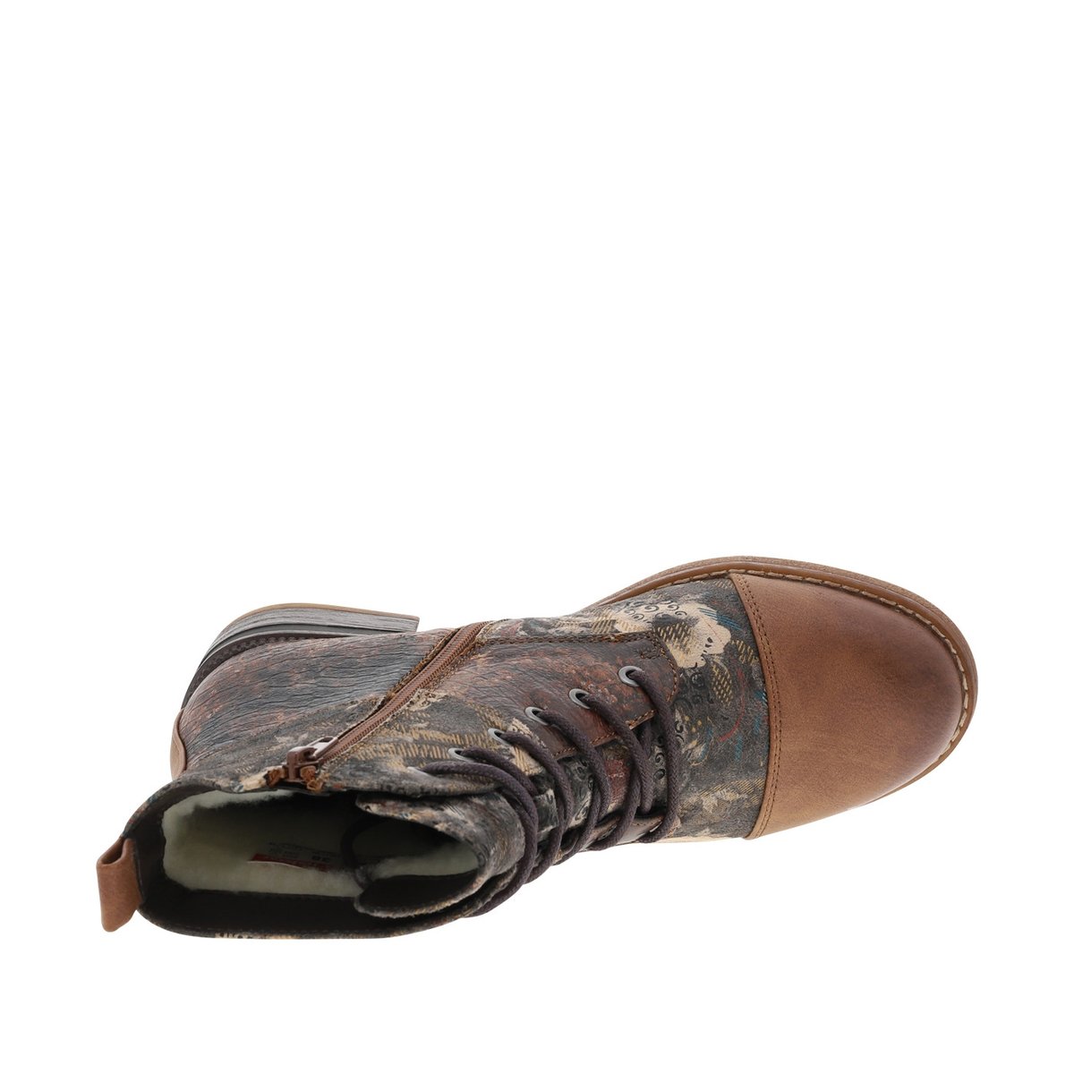 Bottines noisette avec imprimé à talon décroché bas avec lacets et zip latéral noisette, RIEKER