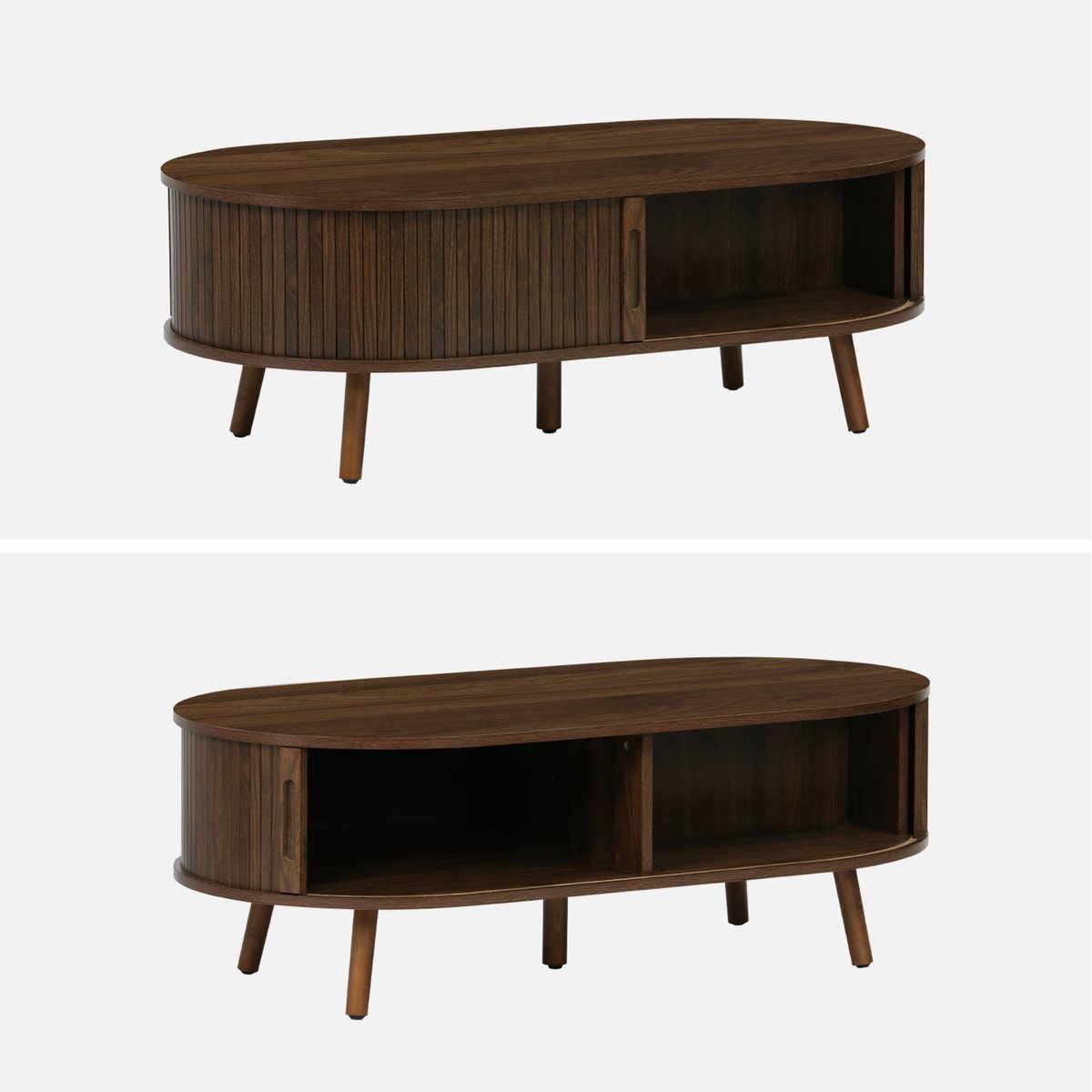 Table basse scandinave décor bois rainuré 2 portes coulissantes LEGACY naturel, SWEEEK