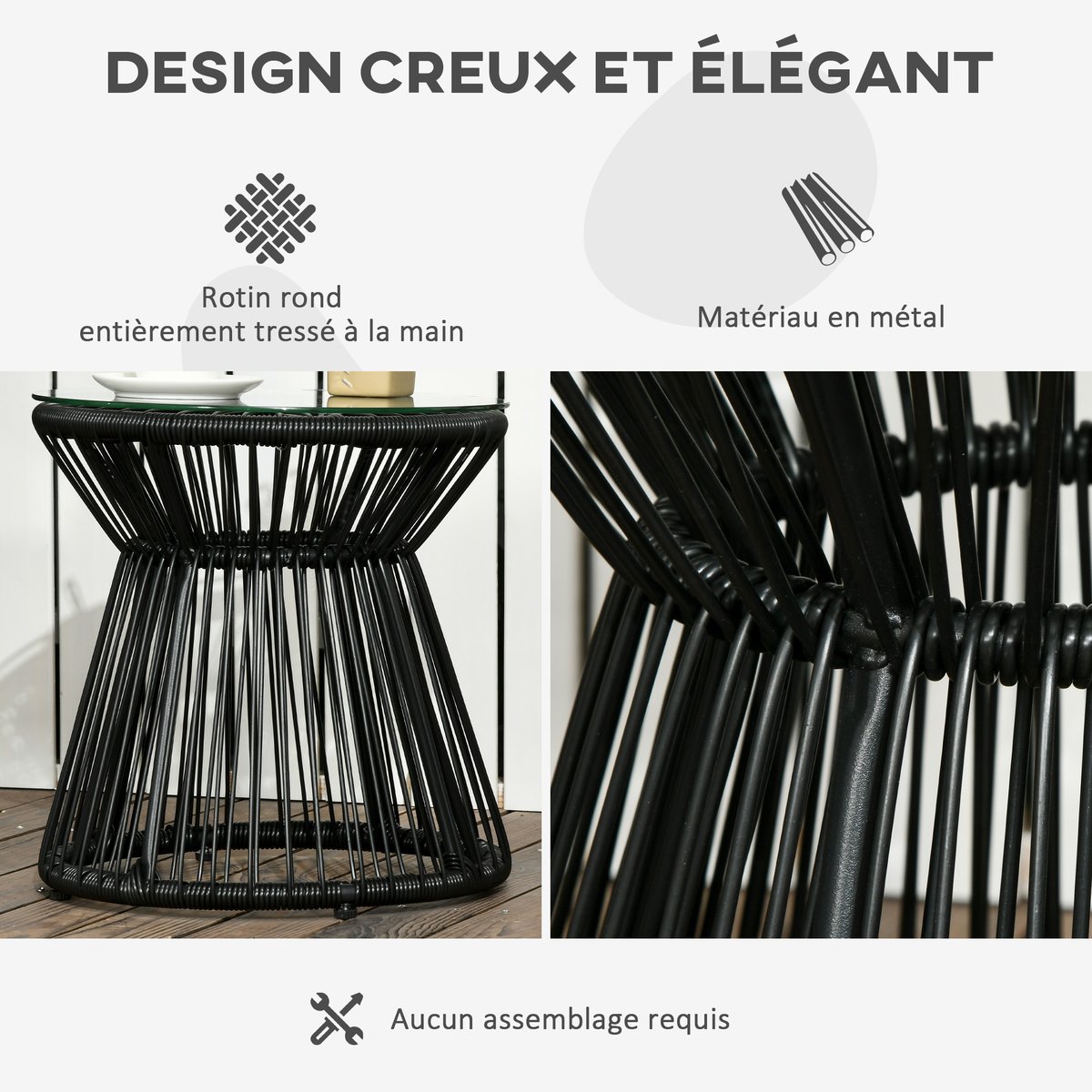 Table d'appoint en rotin Résine tressée noir, OUTSUNNY