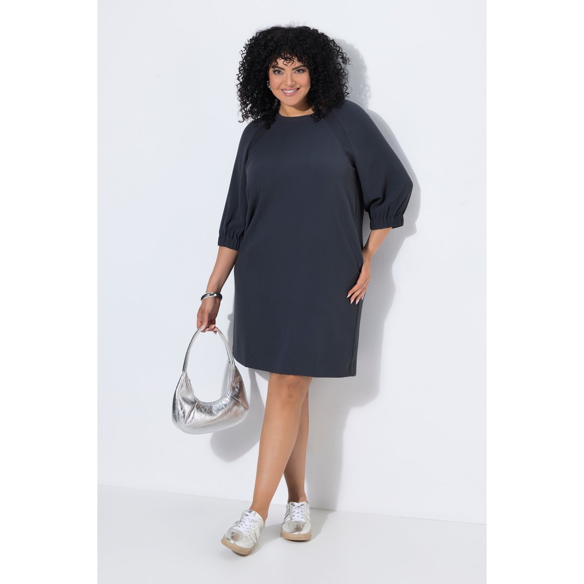 Robe décolleté rond et manches 3/4 ballon olive foncé, ULLA POPKEN