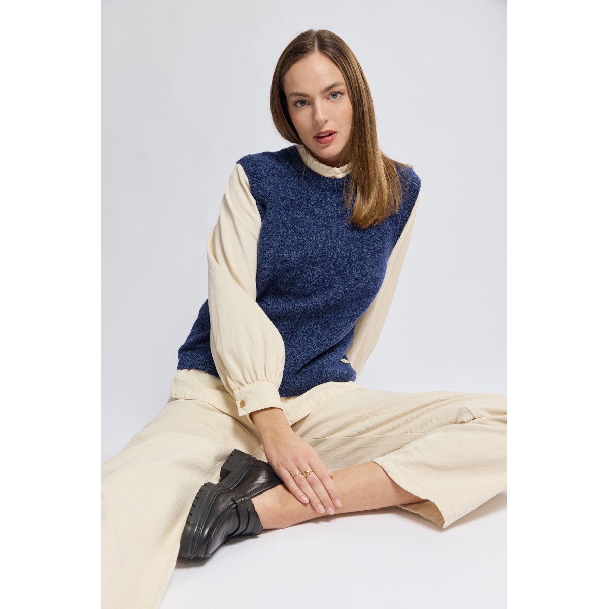 Pull sans manche en laine twilight blue mélangé, ARMOR-LUX
