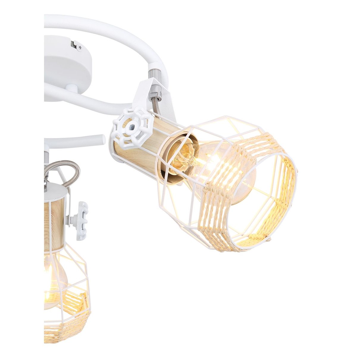 Plafonnier rond 3 spots en métal et bois avec corde BANA blanc, GLOBO LIGHTING