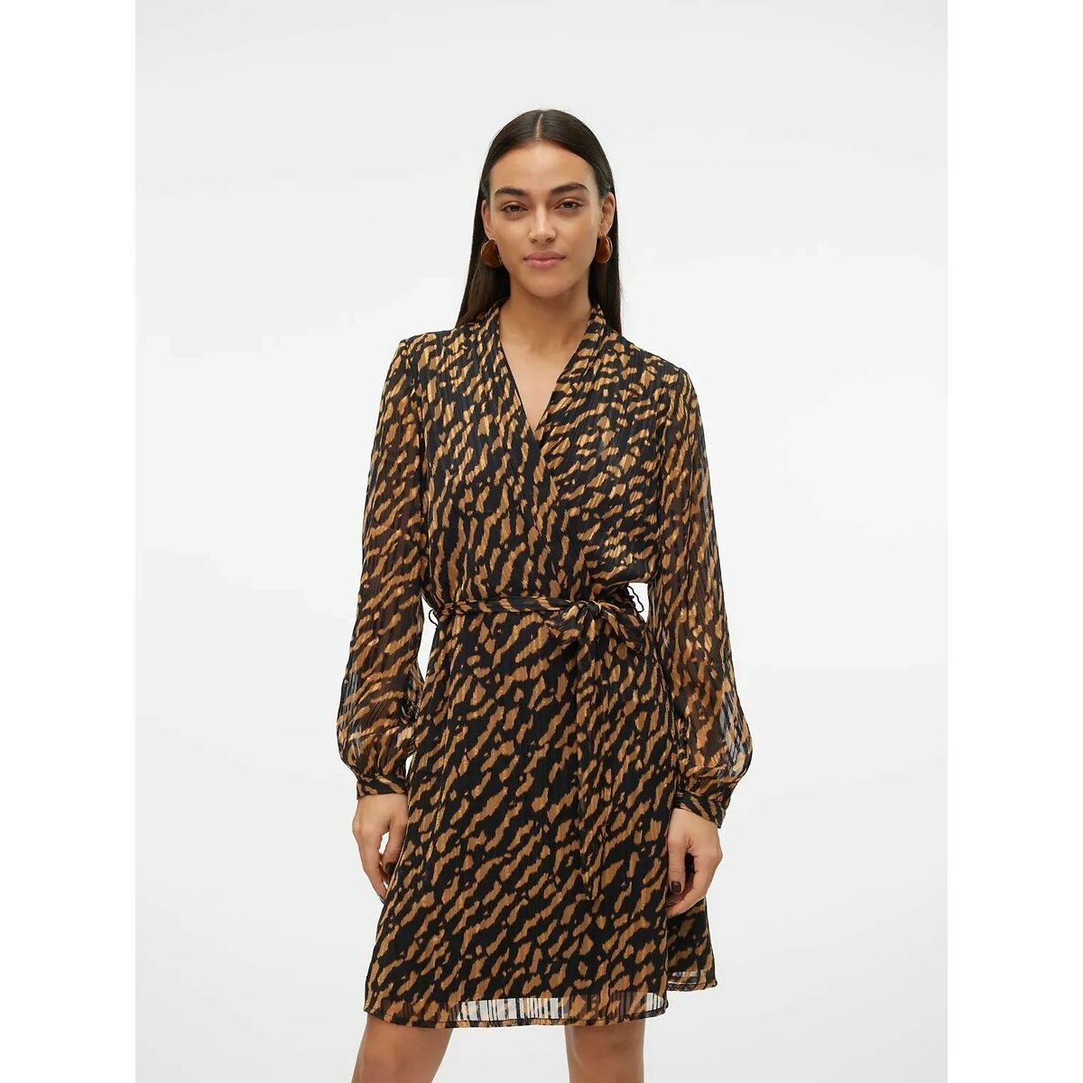 Robe courte imprimée, col V imprimé camel, VERO MODA