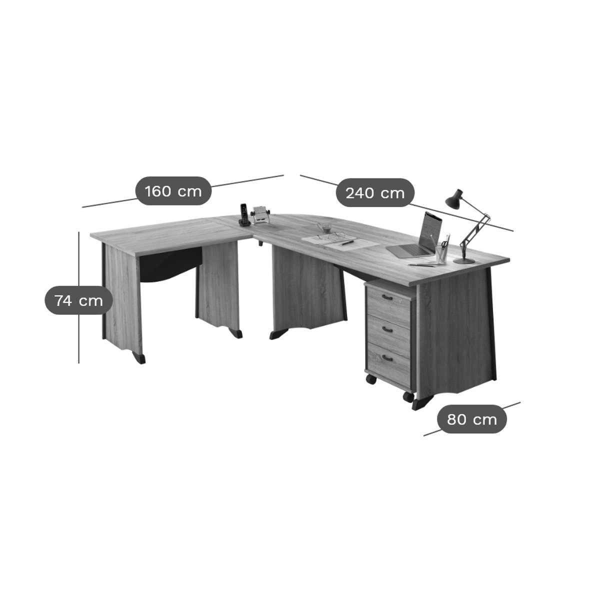 Bureau complet + caisson - GREGORY - Largeur 160 cm bois clair, CAMIF