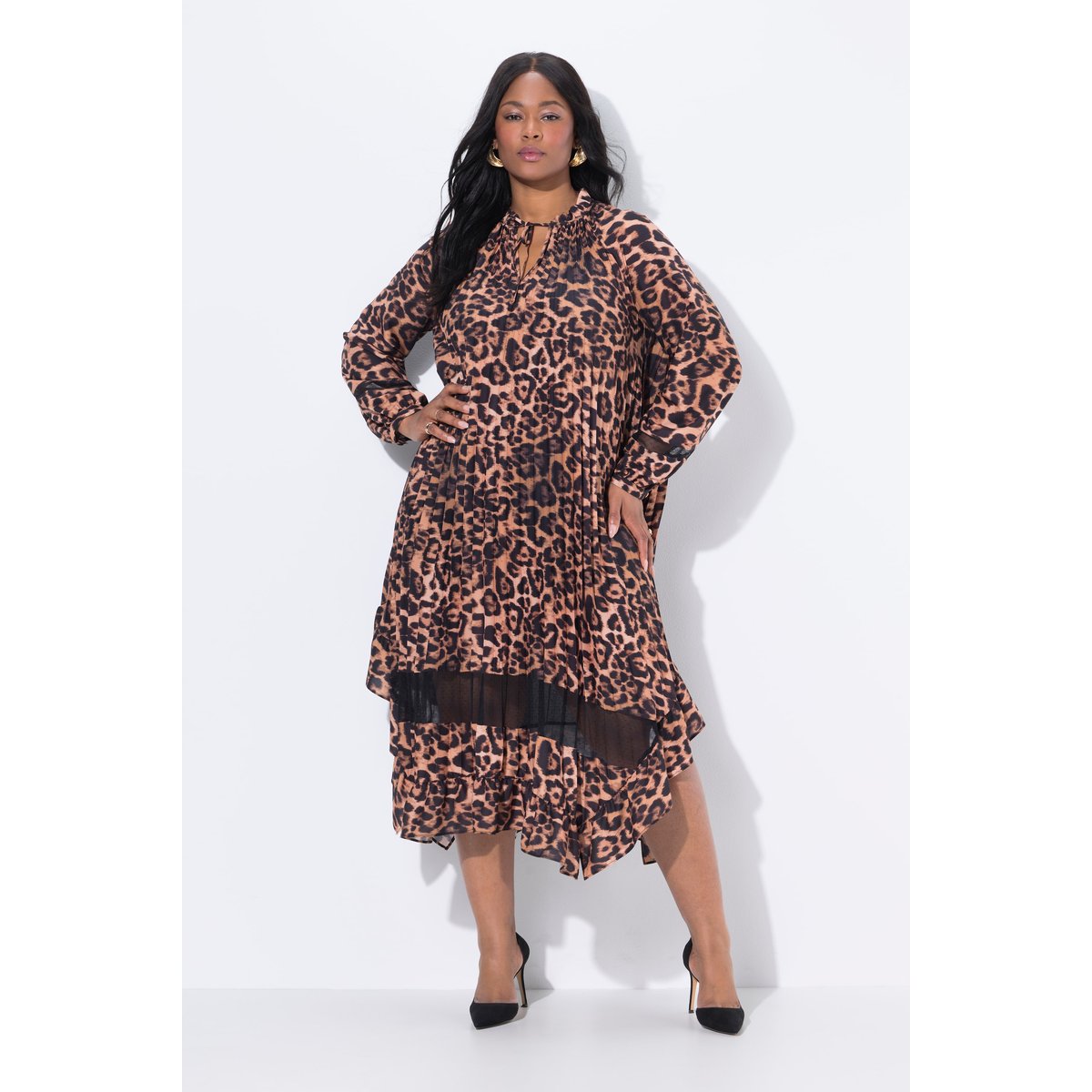 Robe plissée col tunisien et manches longues marron pin, ULLA POPKEN