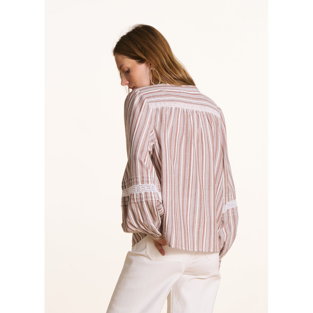 Blouse manches longues à rayures en coton blanc/marron, LA FEE MARABOUTEE