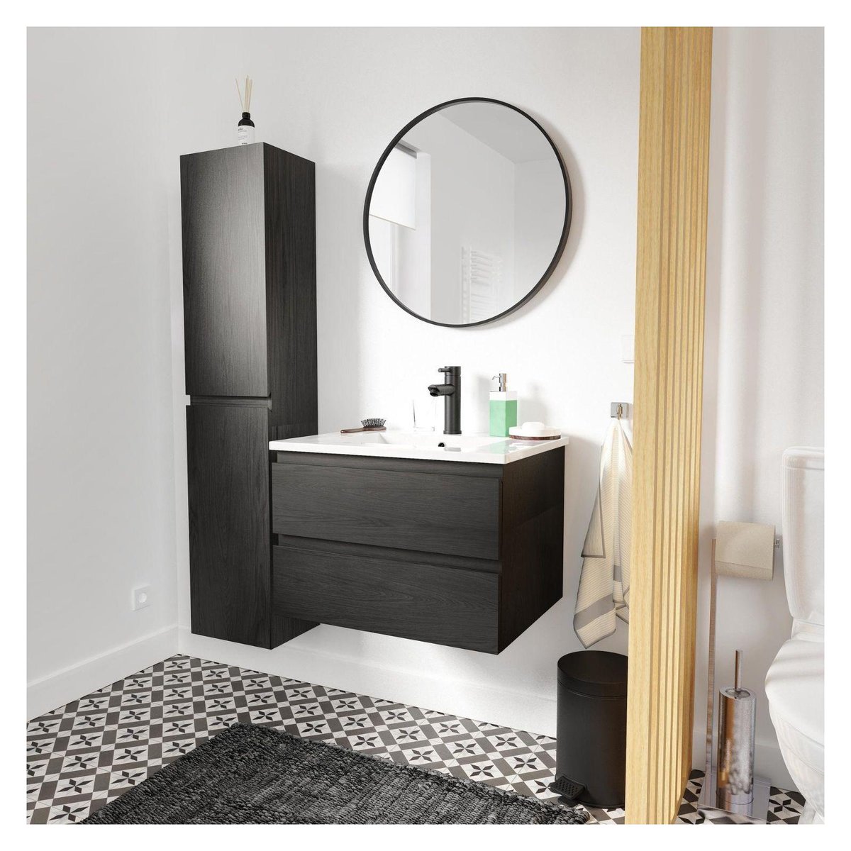 Meuble simple+robinet+miroir+colonne SORRENTO décor chêne carbone, MOB IN