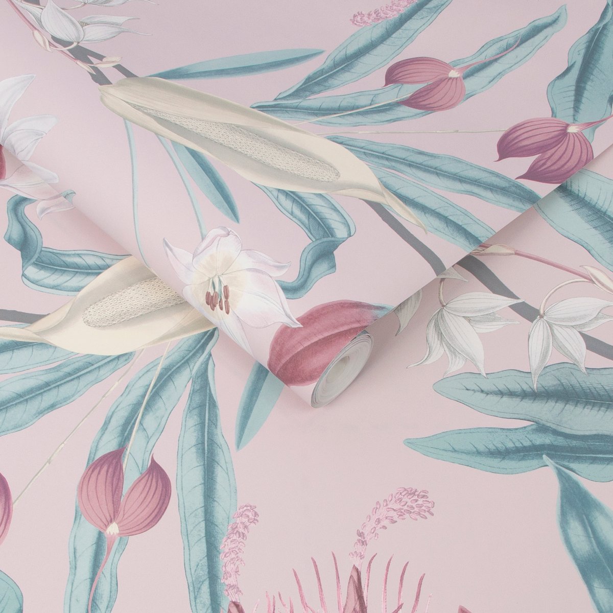Papier peint Paradise Blush rose, vert, blanc grisé, GRAHAM ET BROWN