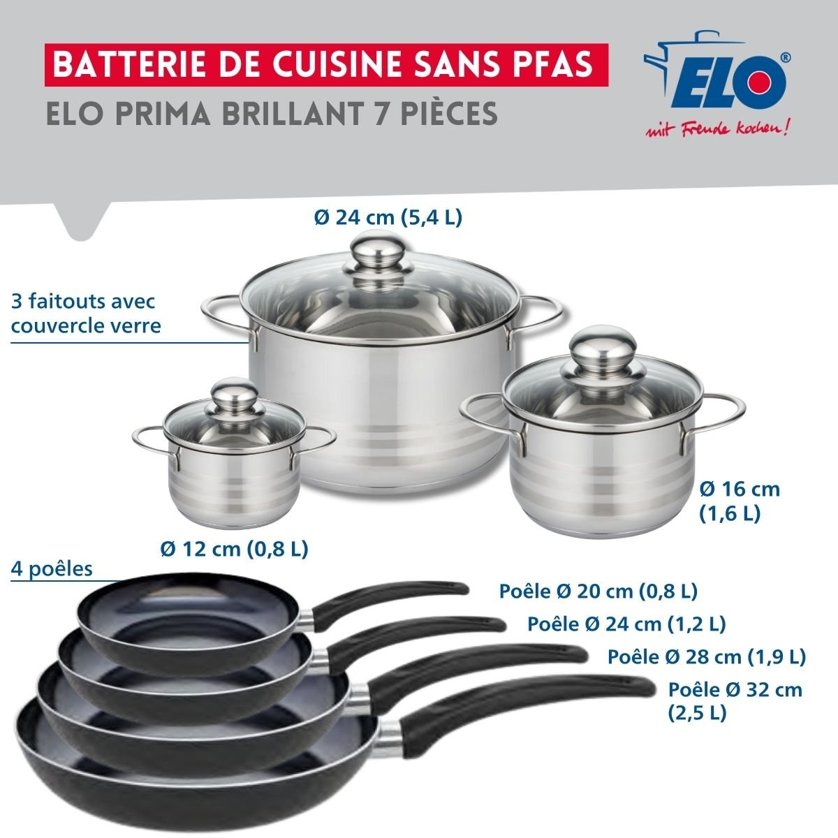 4 poêles 20/24/28/32cm + 3 faitouts 12/16/24cm PRIMA BRILLANT noir, ELO