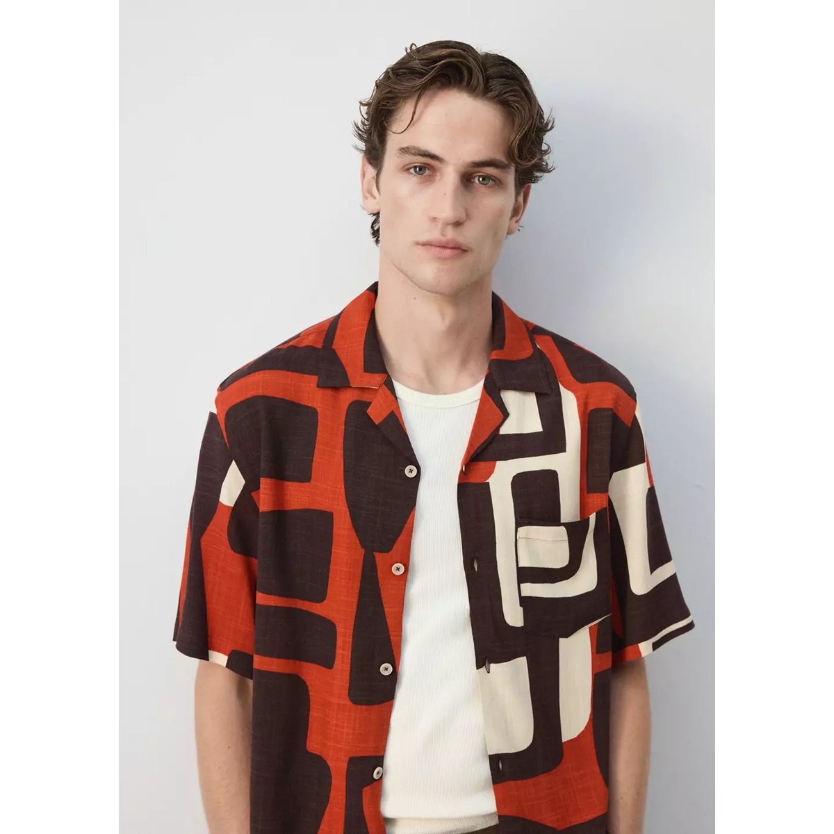 Chemise imprimée col bowling orange brûlé, MANGO MAN