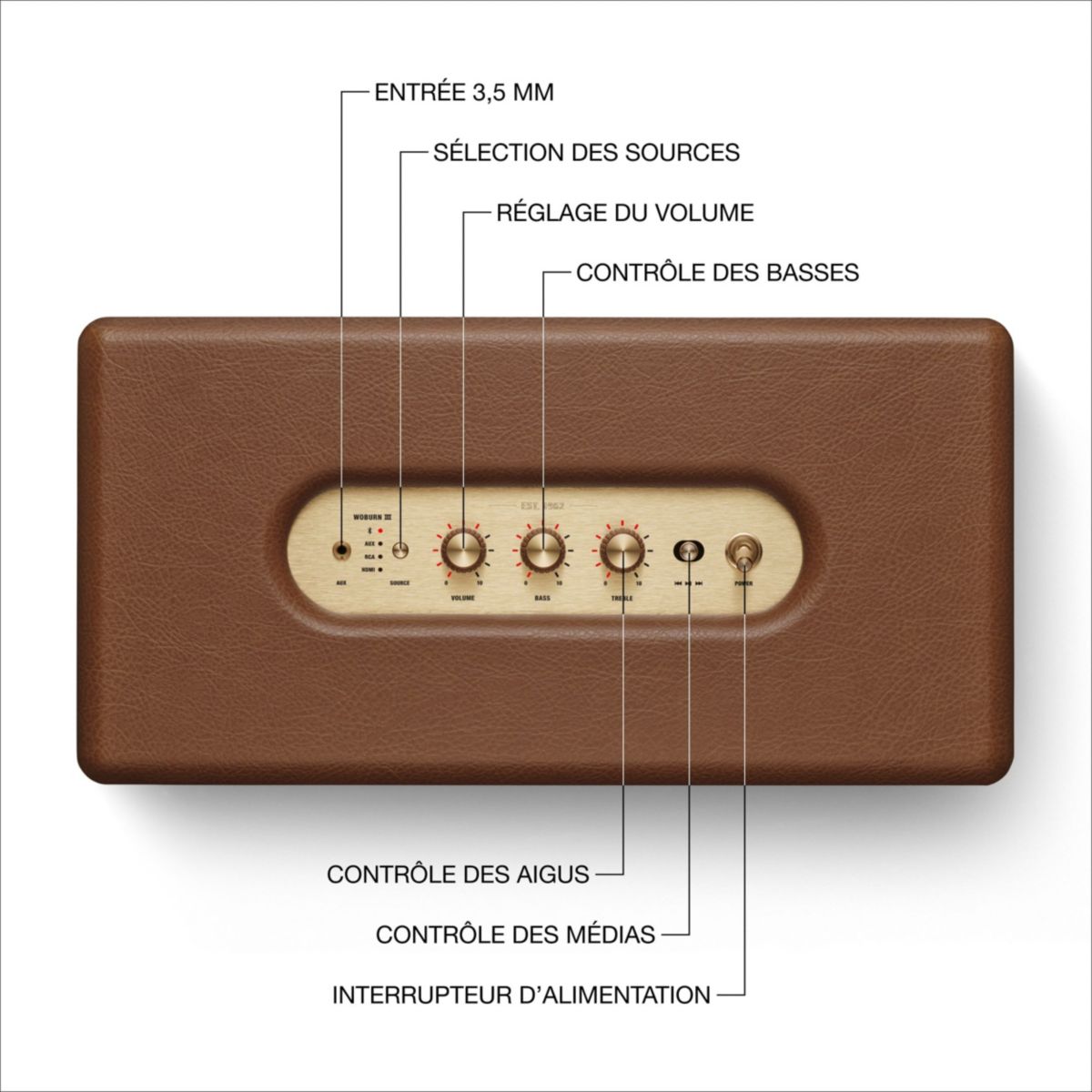 Enceinte résidentielle Woburn III Marron - Bluetooth, 90W, design rétro marron, MARSHALL