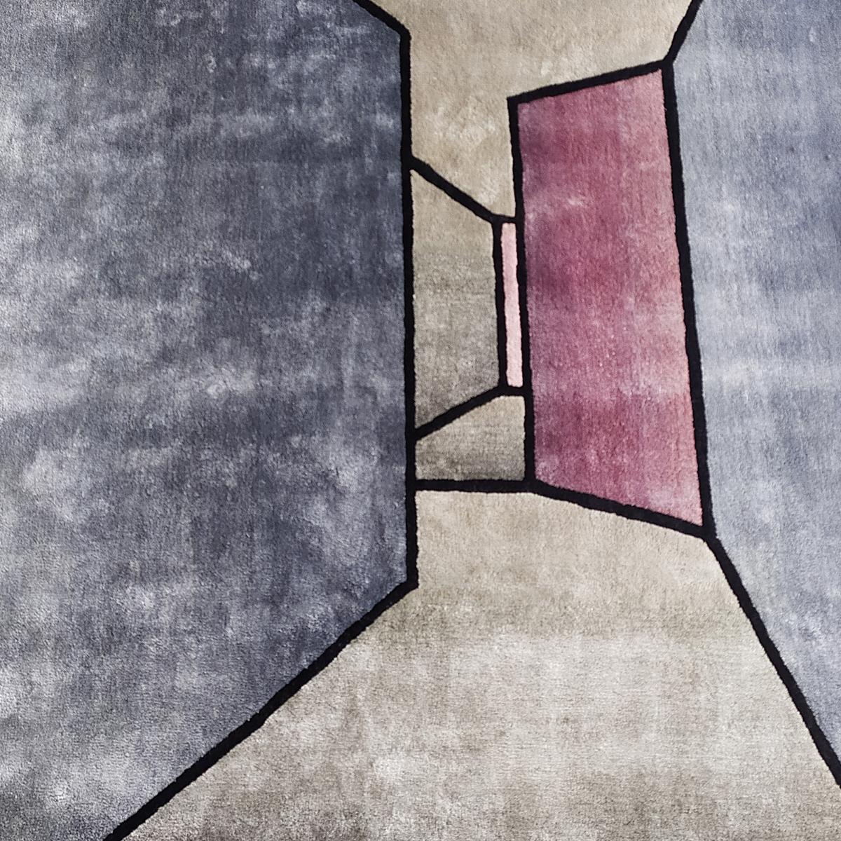 Tapis salon et chambre THE ROOM, fait à la main motif géométrique gris, bleu, noir, rose, UN AMOUR DE TAPIS