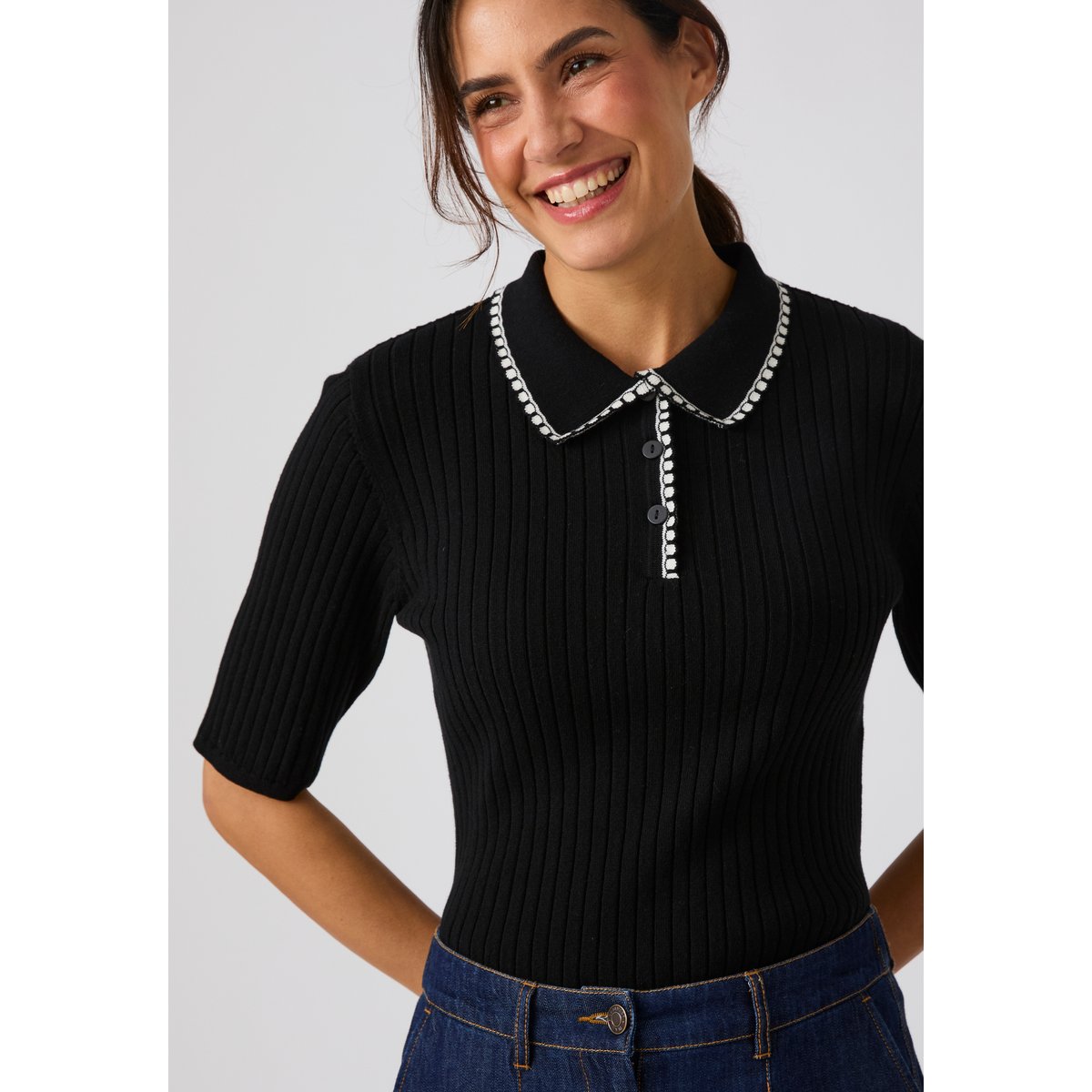 Pull col polo maille côtelée noir, DAMART