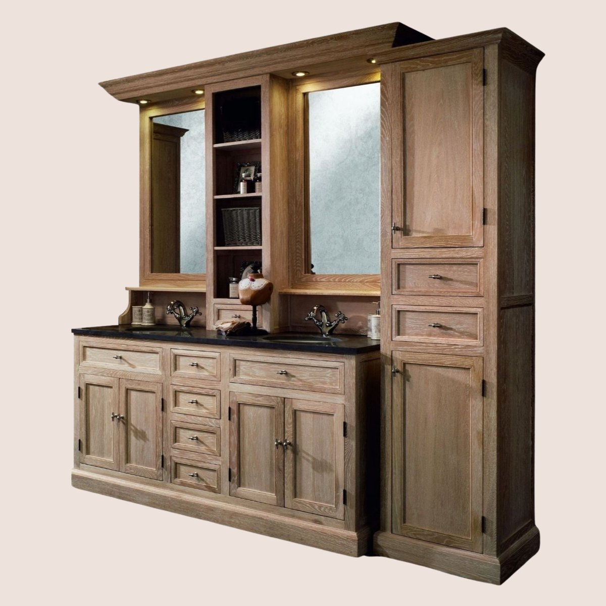 Meuble de salle de bain double vasque + 1 colonne D (ensemble) - VERONE bois clair, HELLIN, DEPUIS 1862