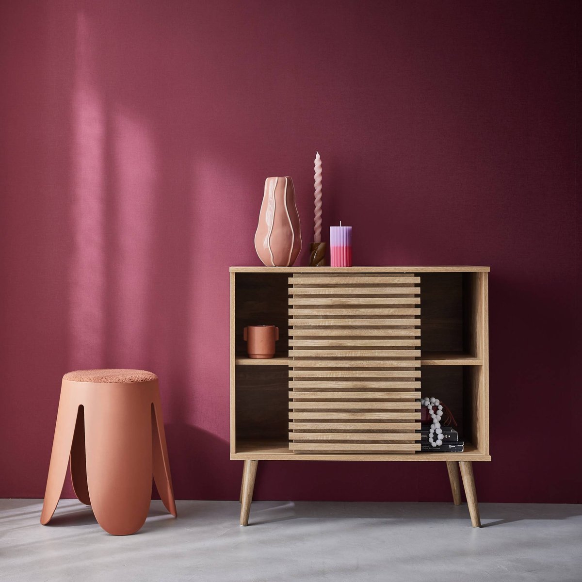 Buffet scandinave décor bois rainuré 1 porte coulissante 80cm MADERE naturel, SWEEEK