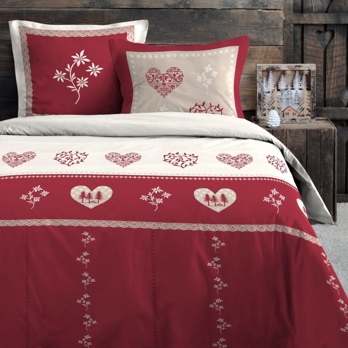 Housse de couette 100% coton 57 fils + 2 taies d’oreiller rouge, DECORATIE