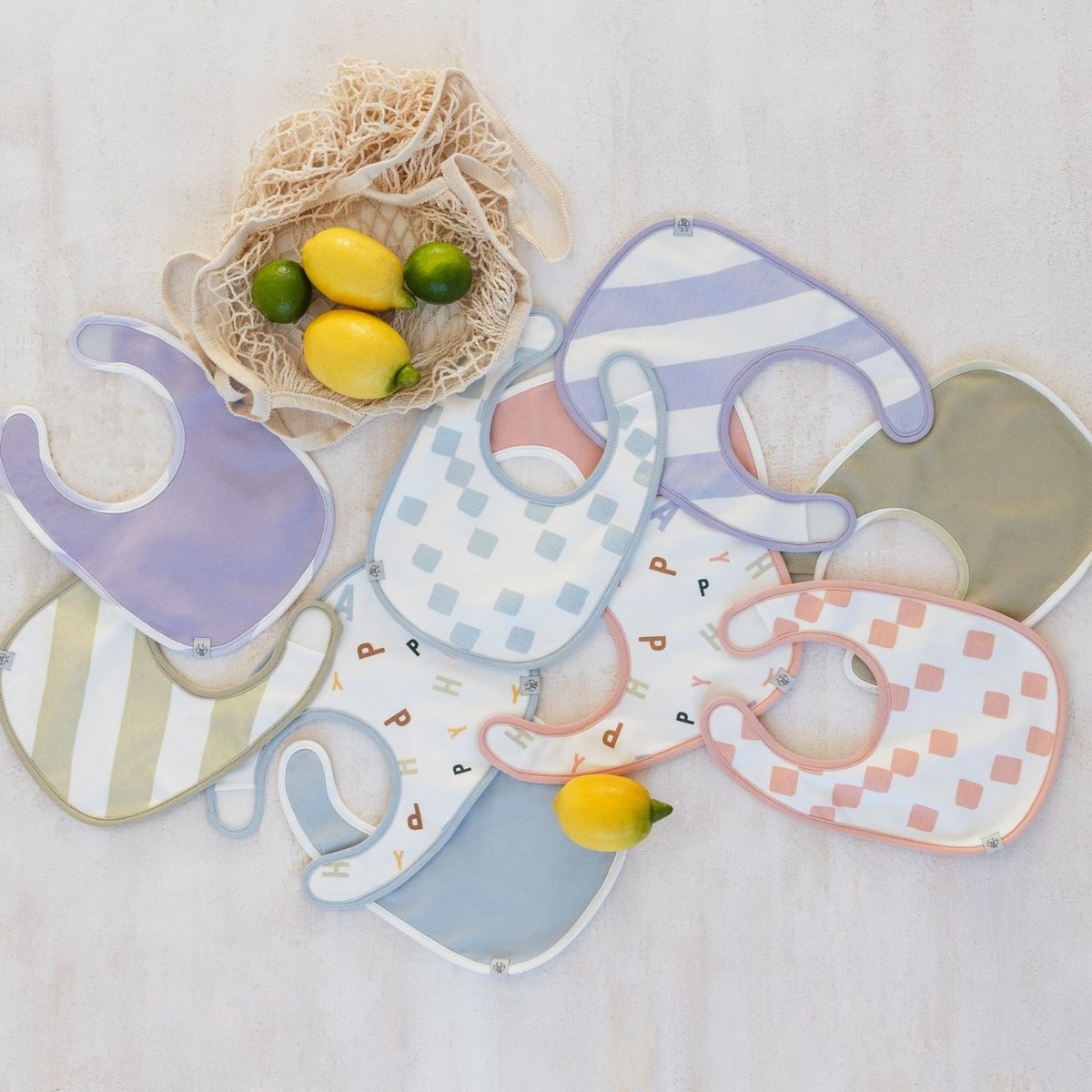Lot de 3 bavoirs naissance blanc, bleu, LASSIG