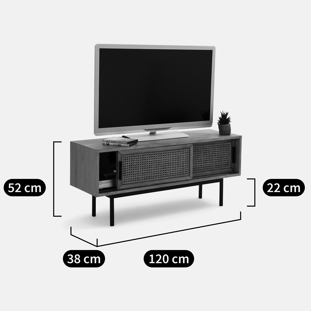 Banc-TV chêne, plaqué et cannage, 2 portes, Waska chêne, LA REDOUTE INTERIEURS