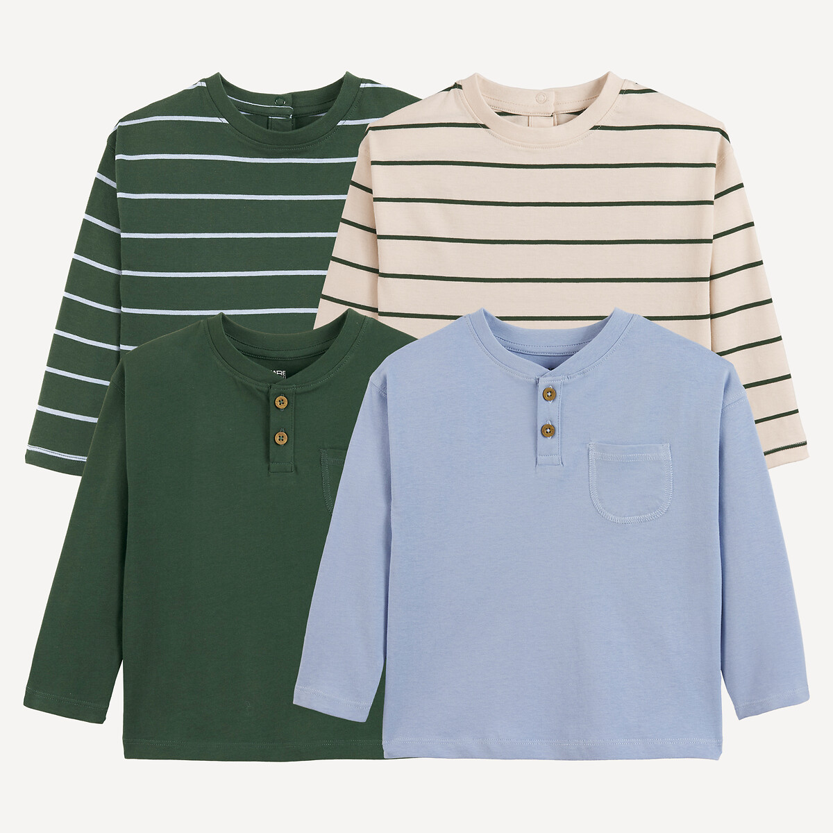 Lote de 4 camisetas de manga larga verde + azul, LA REDOUTE COLLECTIONS
