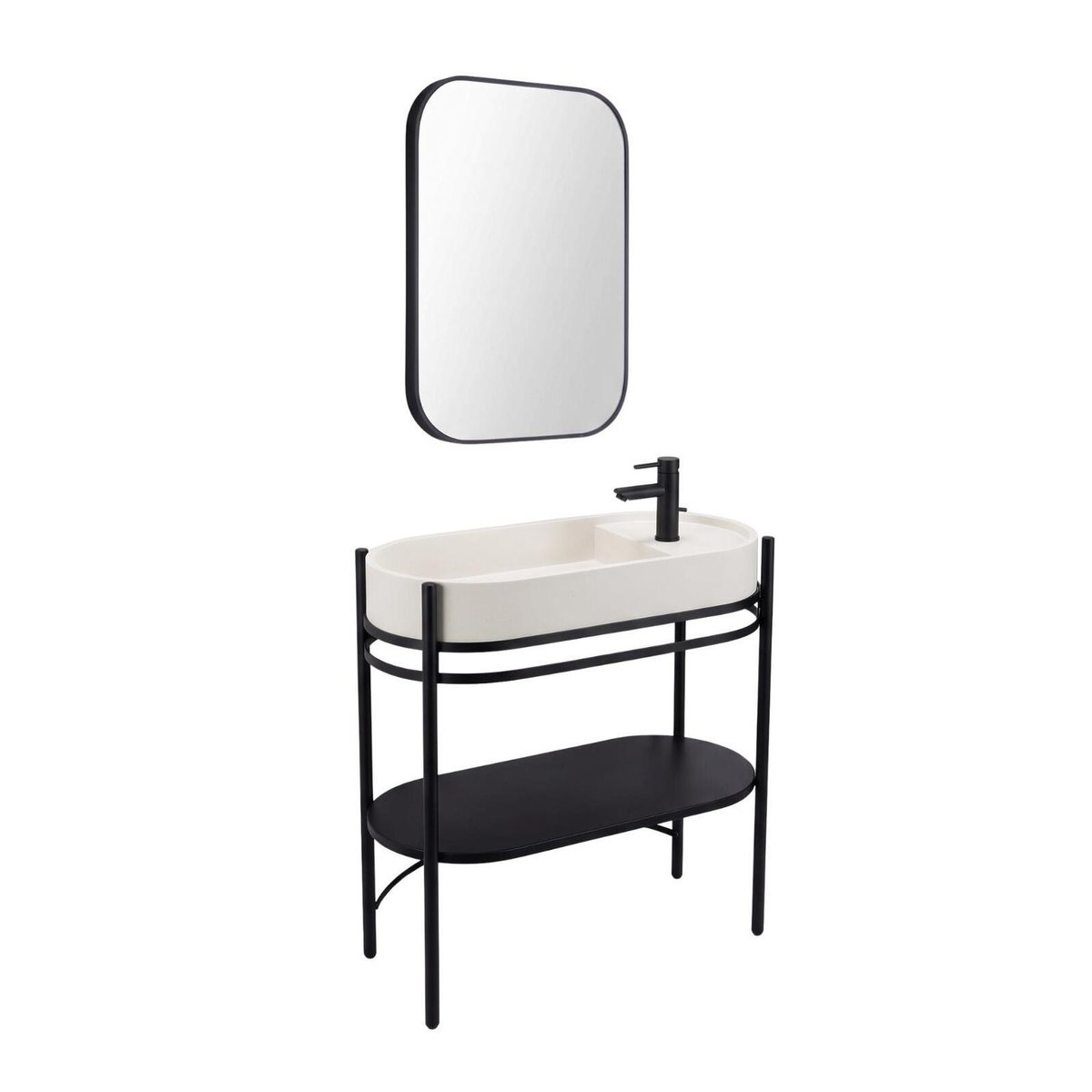 Meuble simple vasque sur pieds 80cm en métal noir et vasque béton et robinet noir et miroir beige, MOB IN