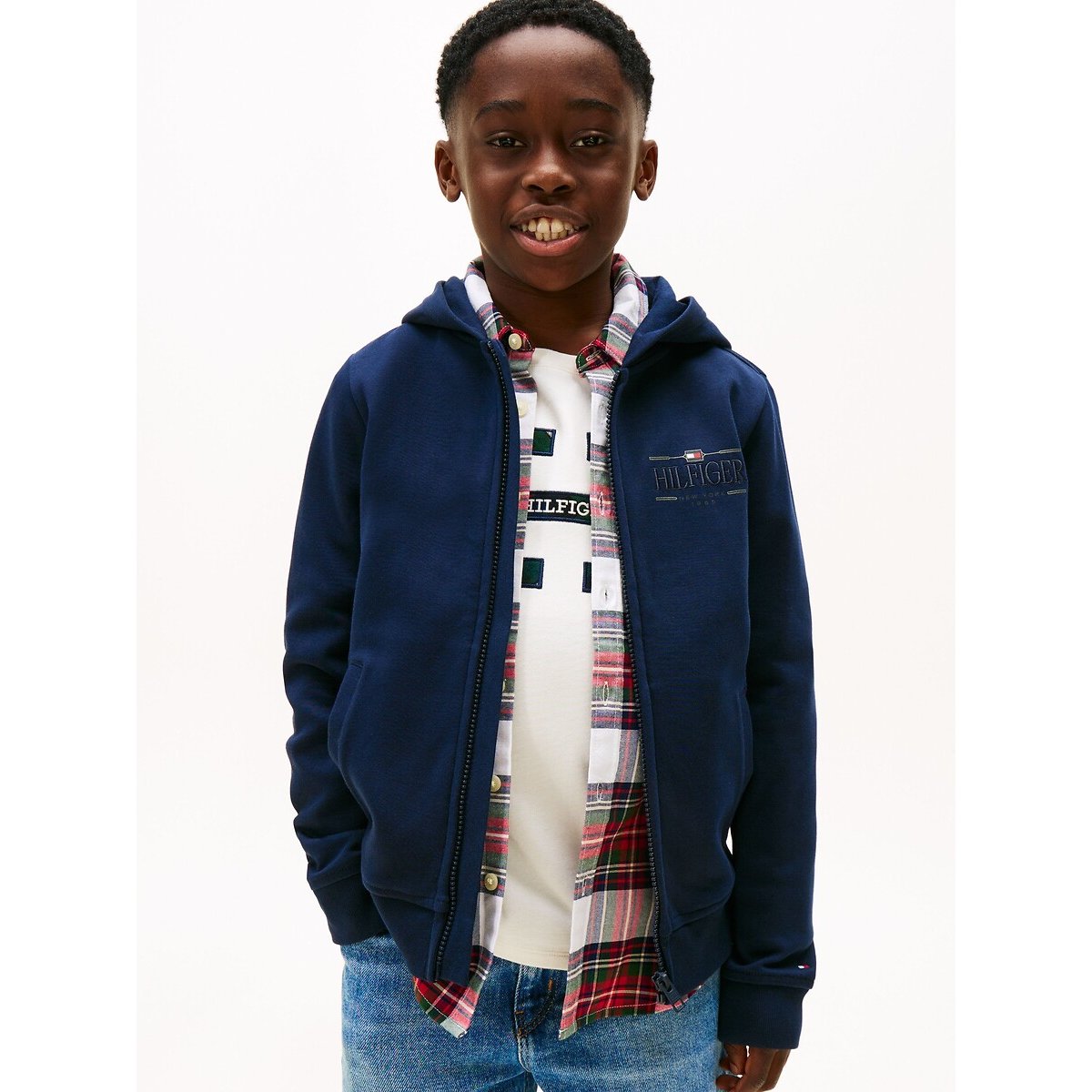 Sweat zippé à capuche avec broderie poitrine bleu marine, TOMMY HILFIGER