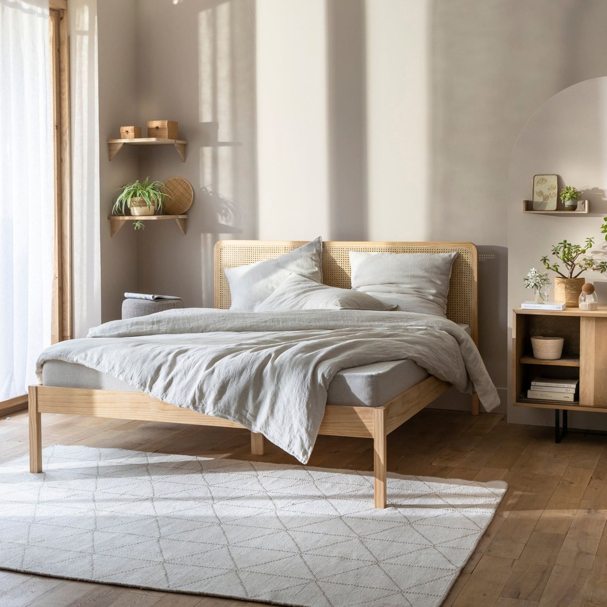 Lit en pin massif avec tête de lit et 2 chevets cannage - ANNA bois naturel, TERRE DE NUIT