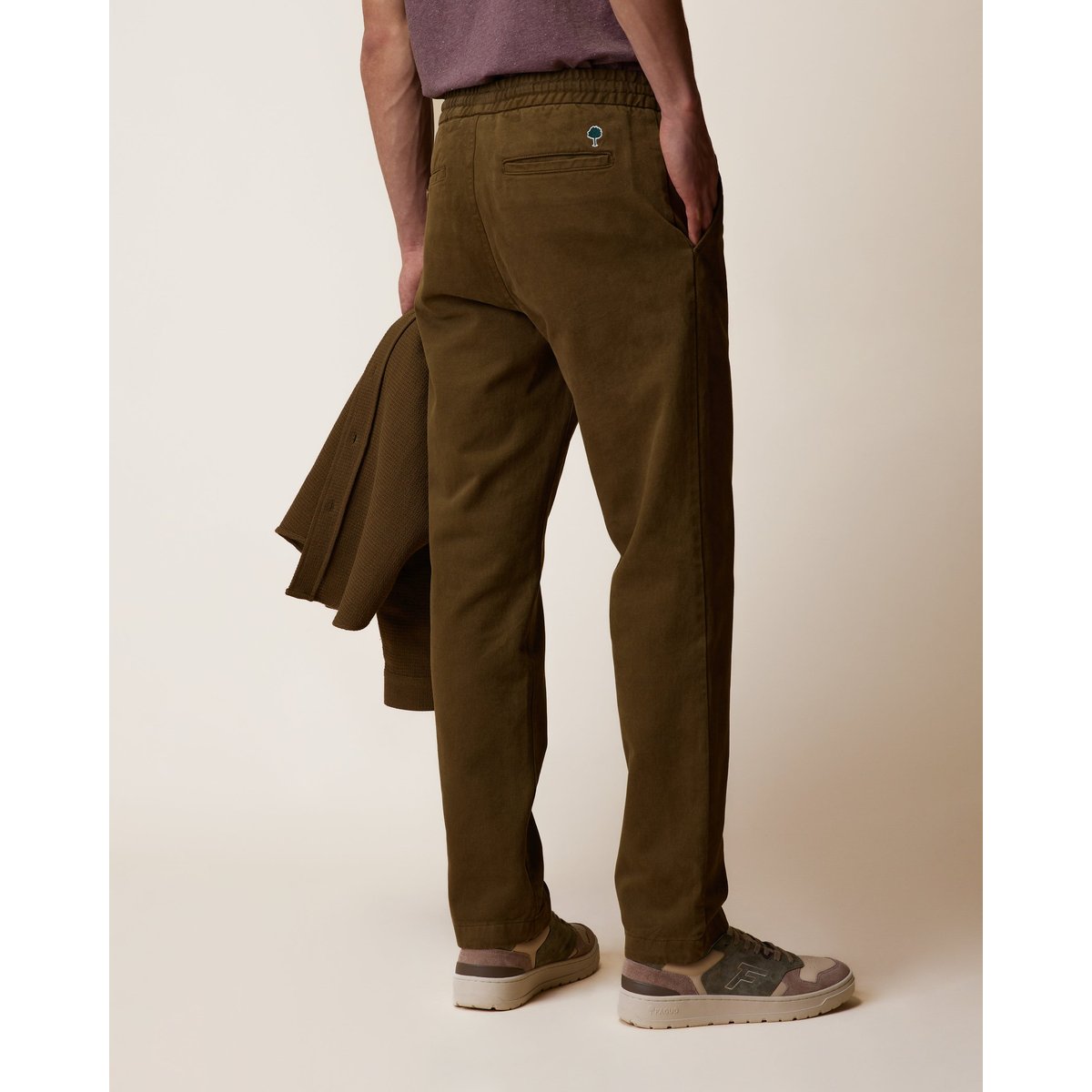 Pantalon élastique en tissu sergé vert olive foncé, FAGUO