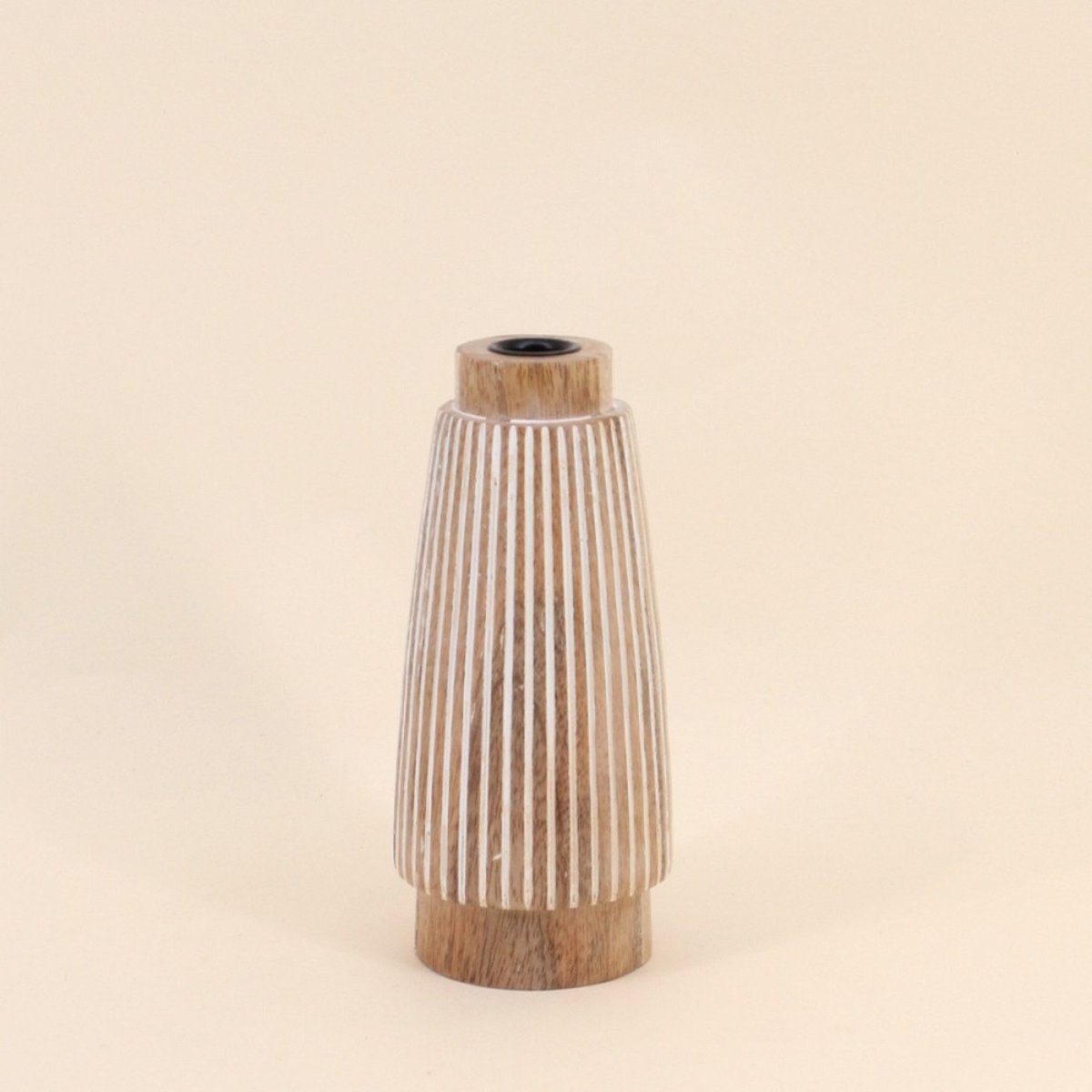 Bougeoir en bois de manguier à rayures 21cm naturel, ORNAMI