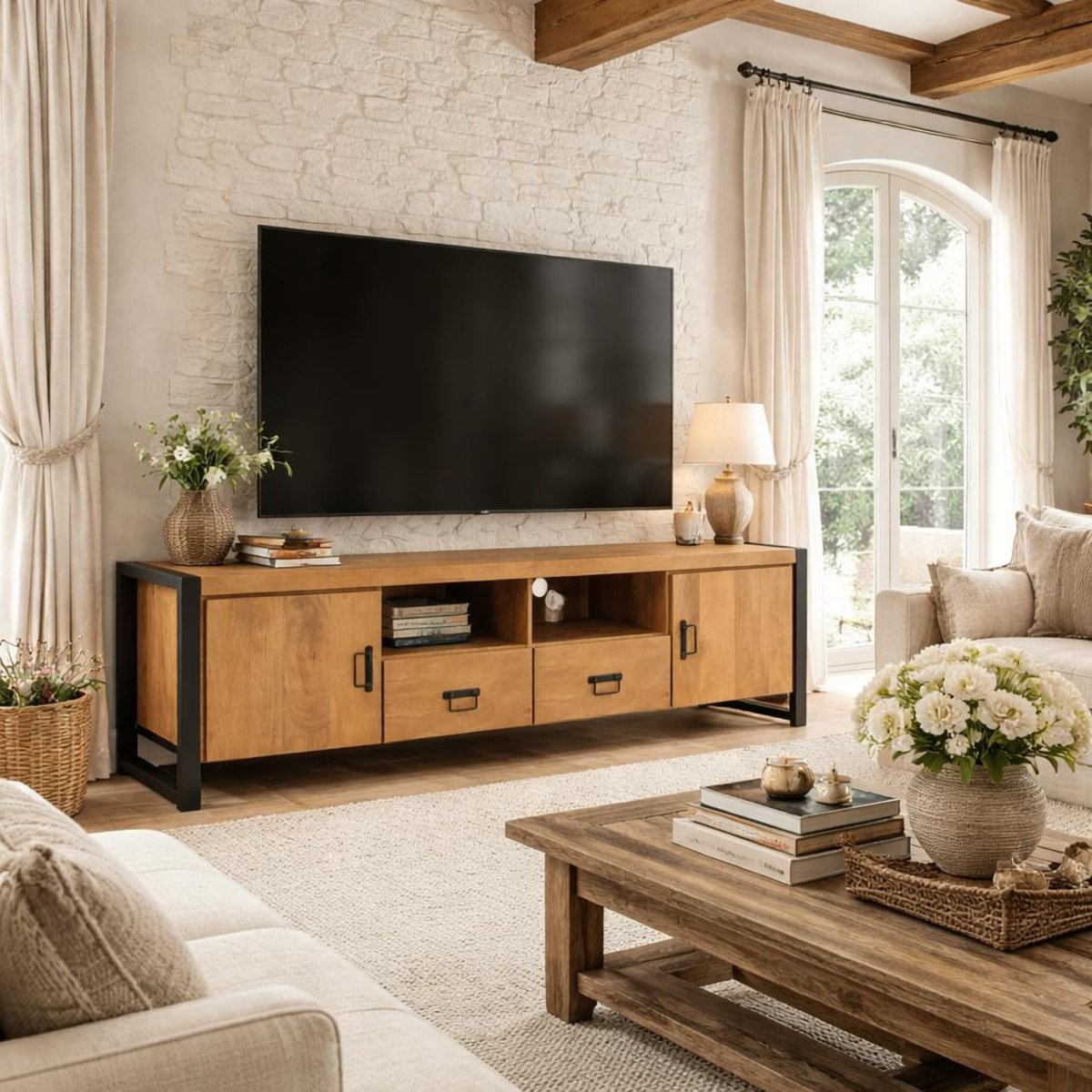 Meuble TV en bois, 2 portes 2 tiroirs 200cm MILORA bois clair, PIER IMPORT