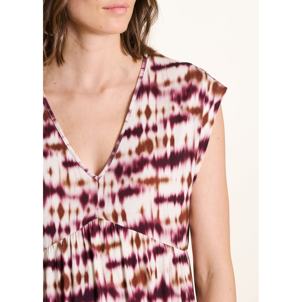Robe midi col V à imprimé tie & dye ecru/burgundy, LA FEE MARABOUTEE