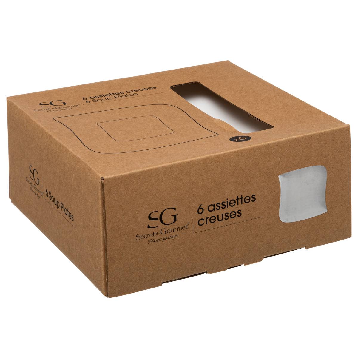 Lot de 6 assiettes creuses carrées en céramique VAGUE blanc, SECRET DE GOURMET