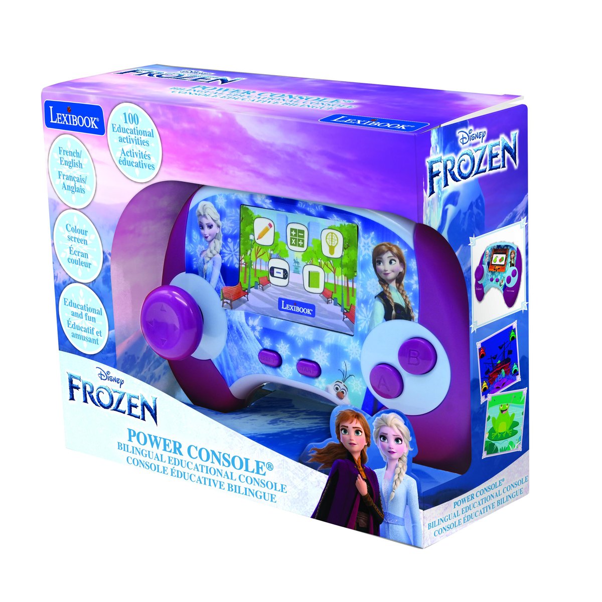 Power Console® La Reine des Neiges console de jeux éducative français-anglais violet, LEXIBOOK