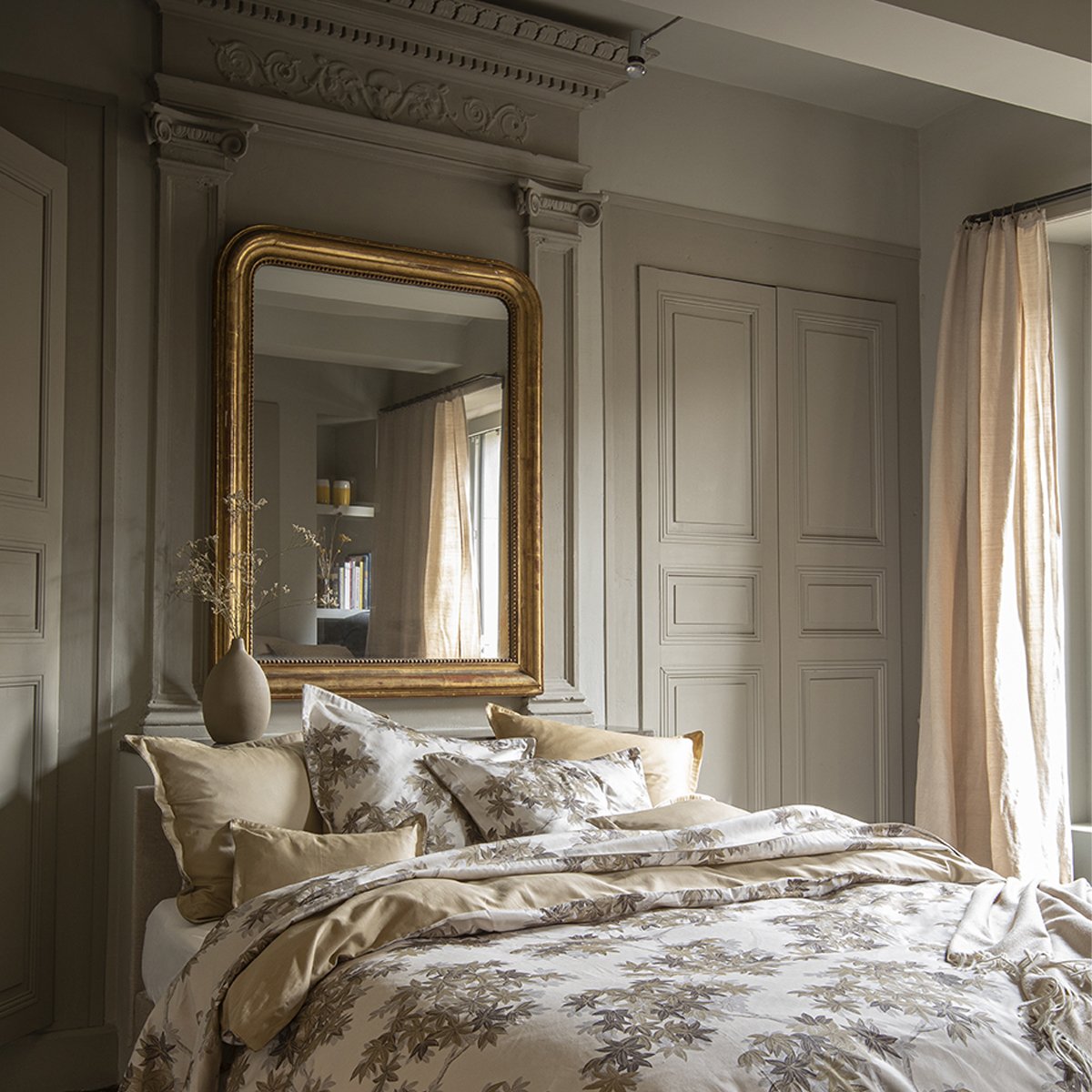 Drap plat imprimé en satin de coton bio, HALATTE beige désert, ALEXANDRE TURPAULT