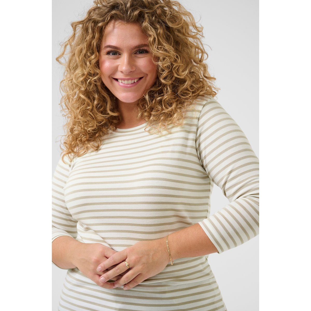 Long sleeved T-shirt blanc chalk/beige feather gray rayé, KAFFE CURVE