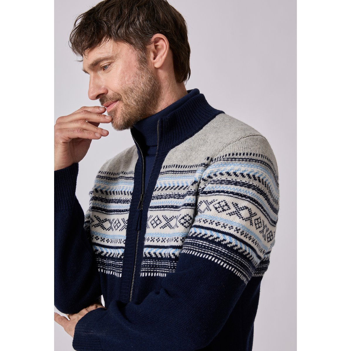 Gilet zippé jacquard bleu marine jacquard, DAMART