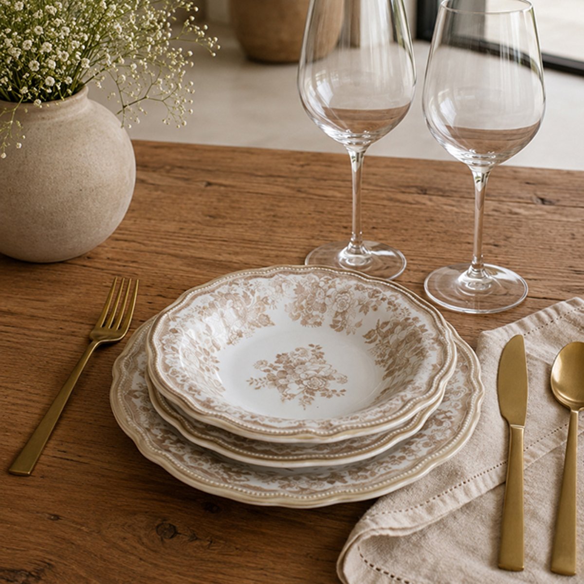 Lot de 6 assiettes plates en grès 26cm, FAUSTINE miel, NOVASTYL
