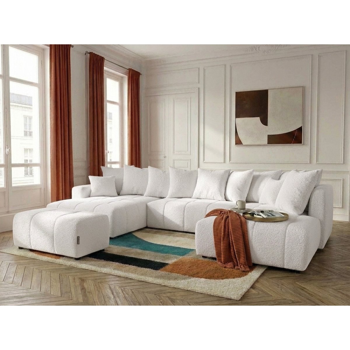 Canapé panoramique convertible 6 places en tissu bouclette avec pouf, ROXELANE blanc, BOBOCHIC