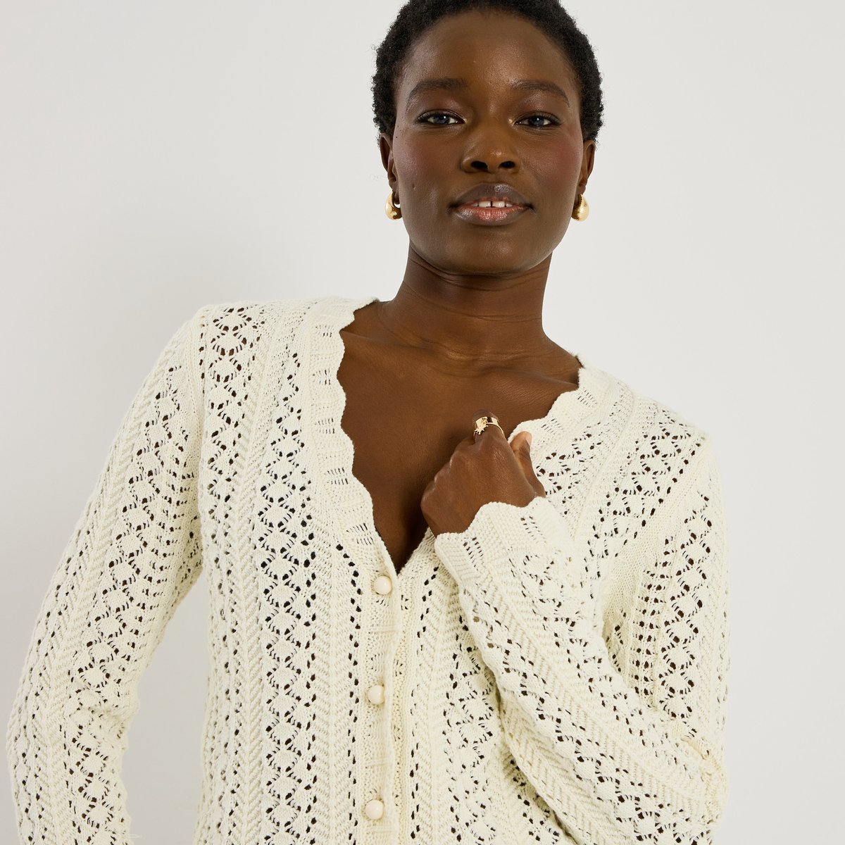 Gilet col V blanc cassé ecru, GRAIN DE MALICE