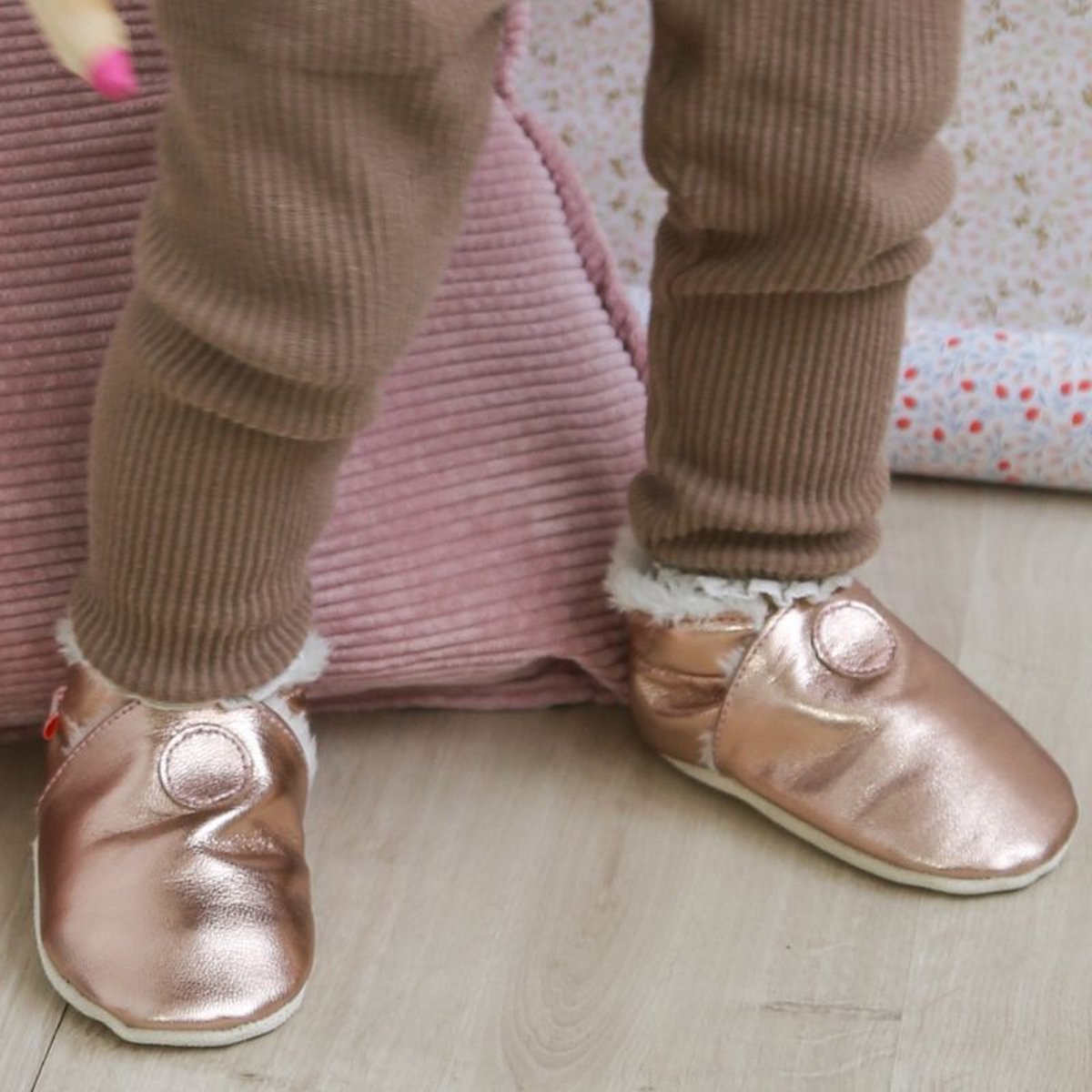 Chaussons cuir souple uni fourrés rose, TICHOUPS