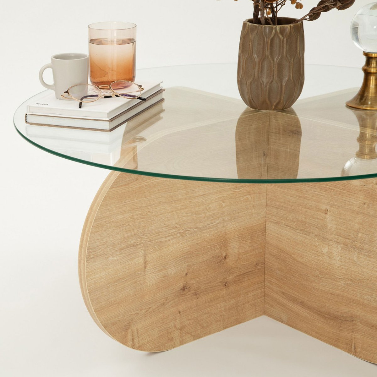 Table basse ronde en verre trempé et bois  75cm- BULLY I bois clair, DRAWER
