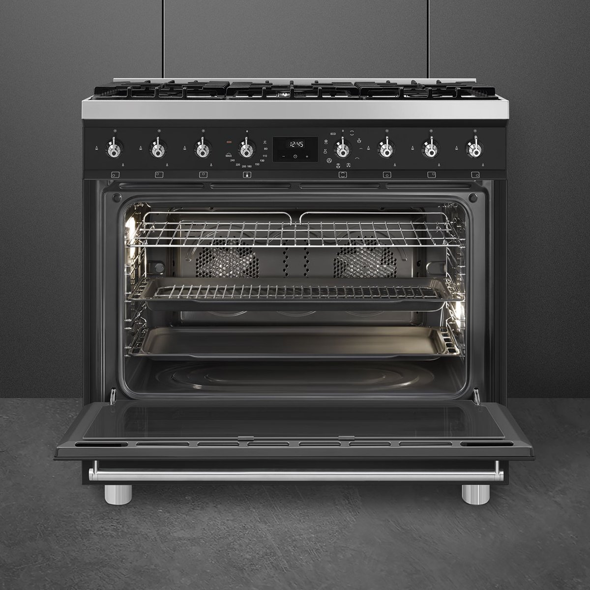 Piano de cuisson gaz 6 feux 90 cm C9GM noir mat noir mat, SMEG