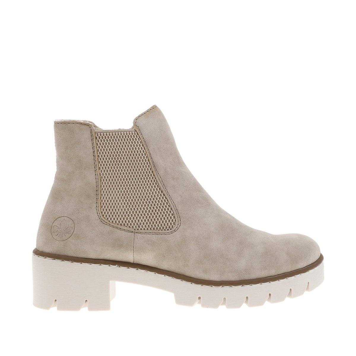 Bottines aspect nubuck taupe à semelle surélevée à talon décroché bas, fourrées, à soufflet élastiqué extérieur taupe, RIEKER