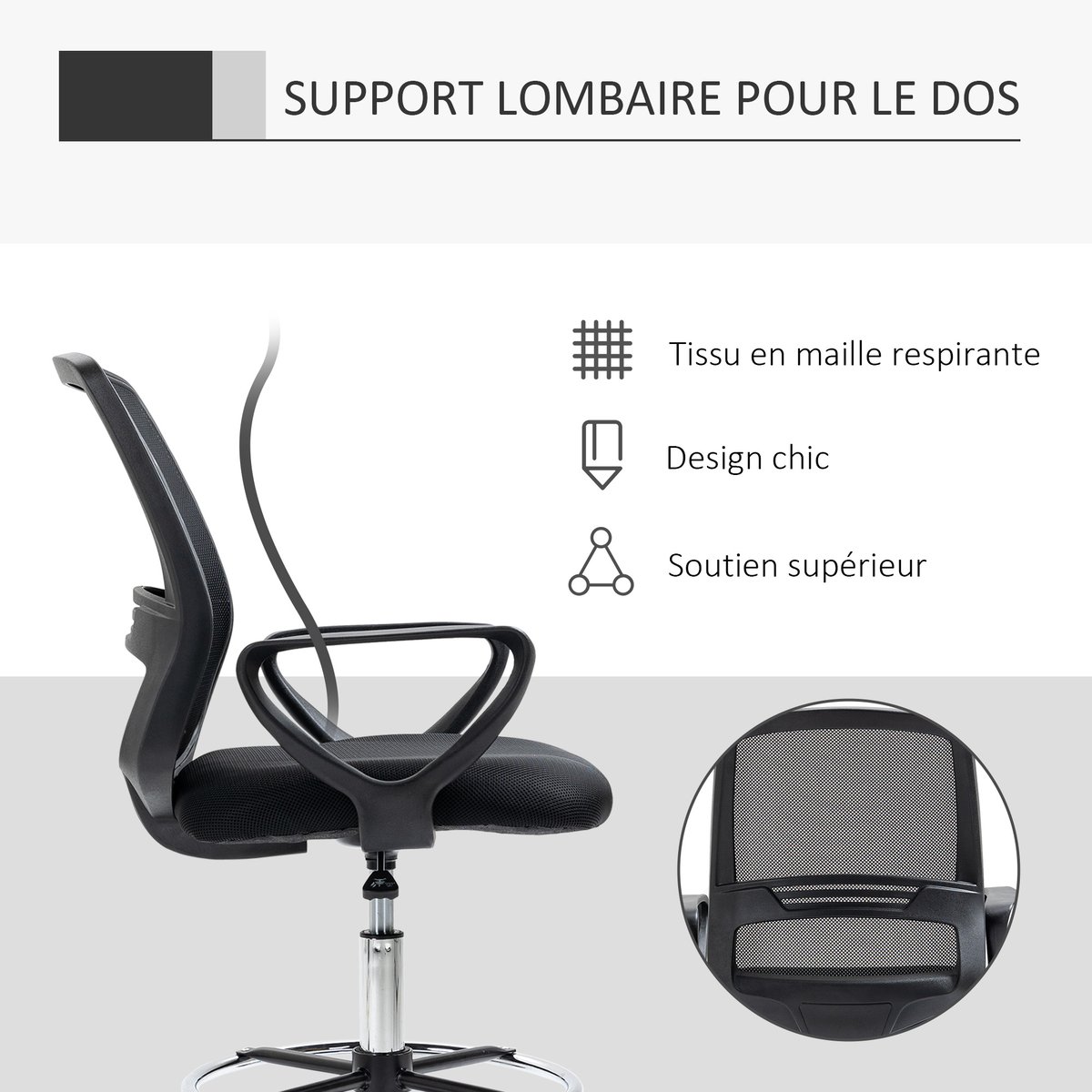 Chaise de bureau pour poste de travail debout noir, HOMCOM