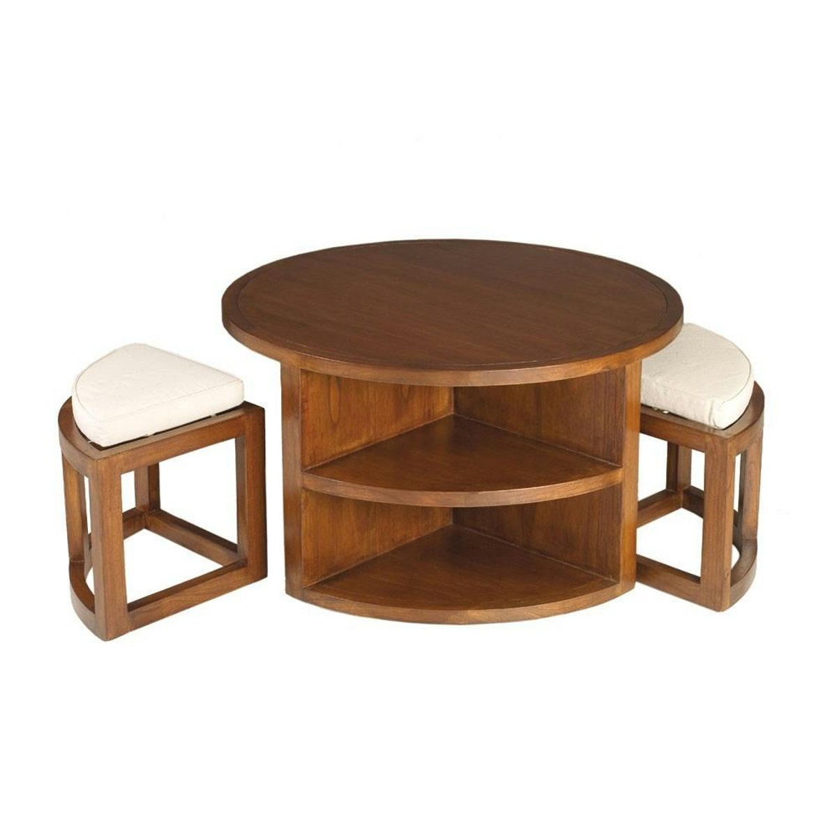 Table basse ronde bois exotique naturel 90cm - inclus 2 tabourets avec coussins LOLA bois naturel, PIER IMPORT