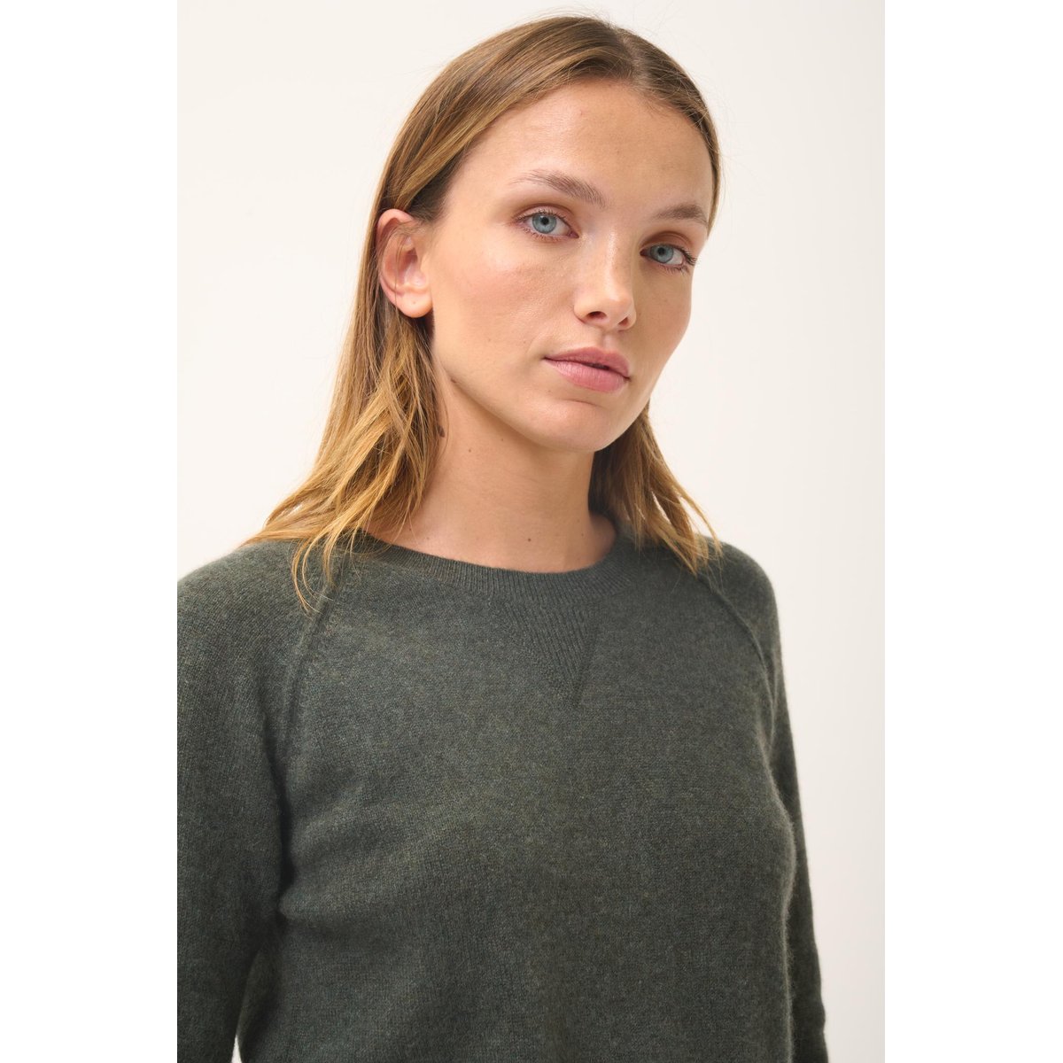 Pull Col Rond Kaki Chiné Helen kaki chiné, JUST CASHMERE