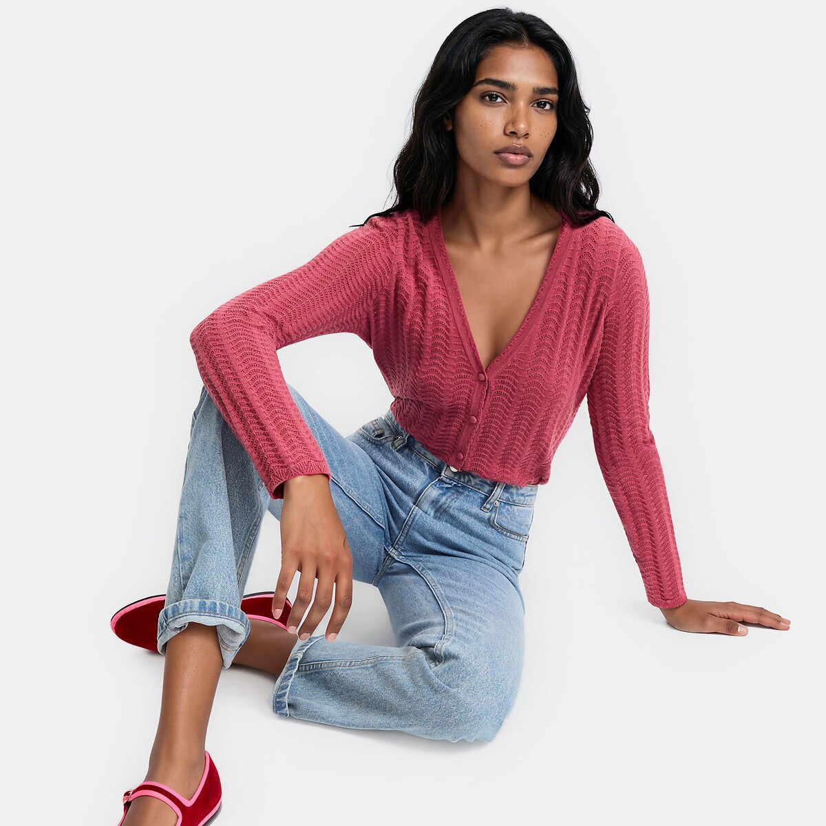 Chaqueta de punto fino con cuello de pico y cierre de botones rosa maquillaje, LA REDOUTE COLLECTIONS