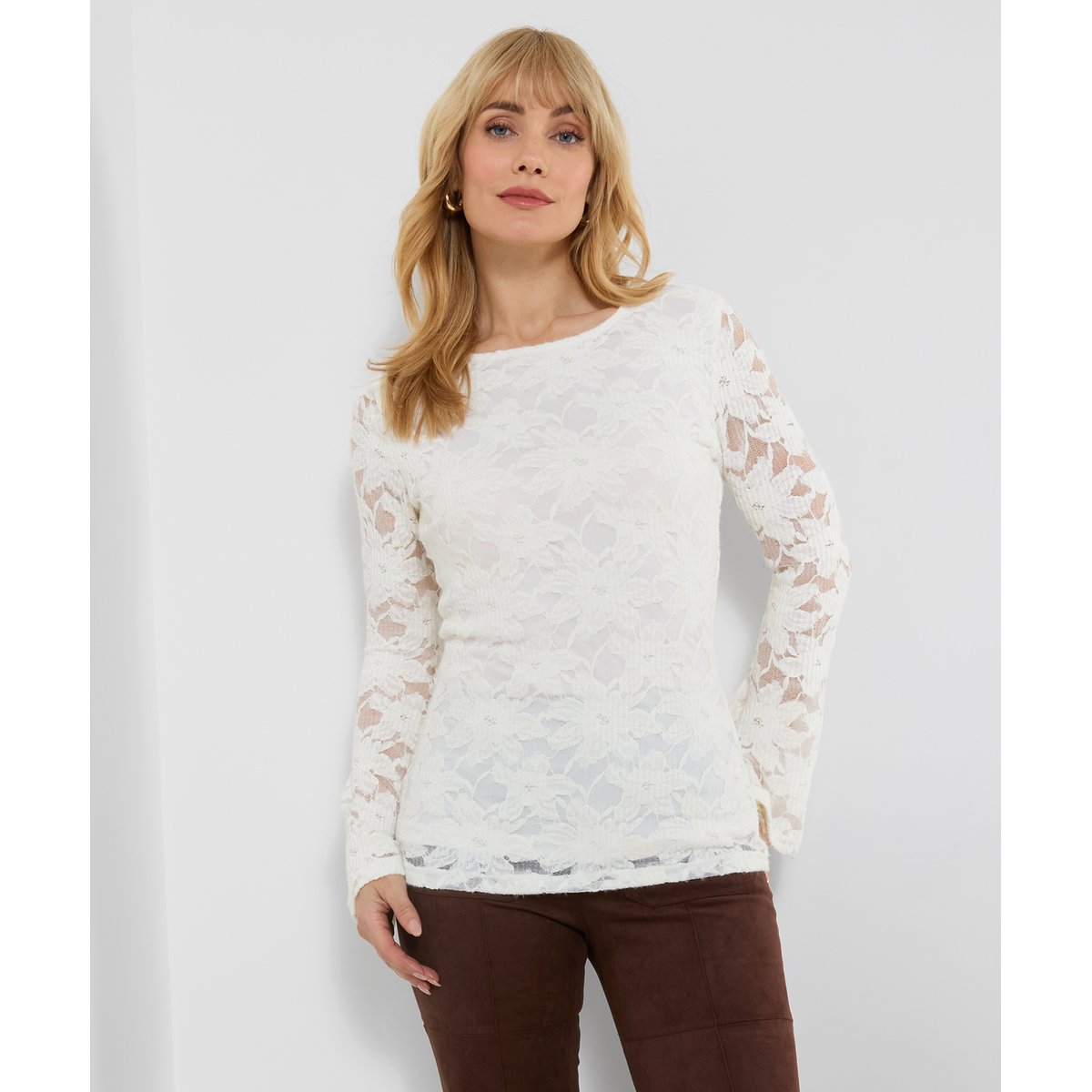 Henley en Dentelle Extensible Texturée à Manches Larges Esme blanc, JOE BROWNS