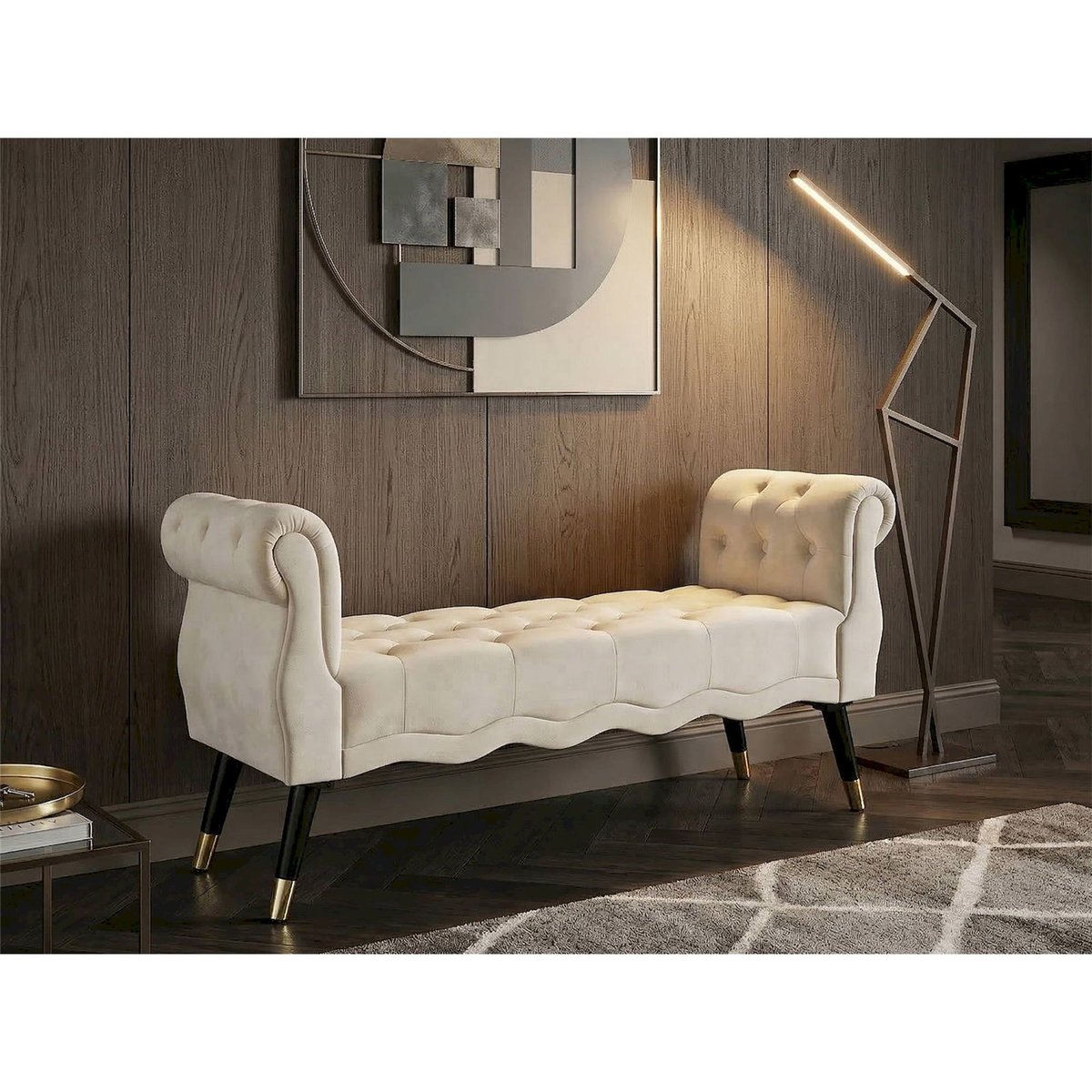 Banquette capitonnée bout de lit GLAM crème noir et doré, RECOLLECTION