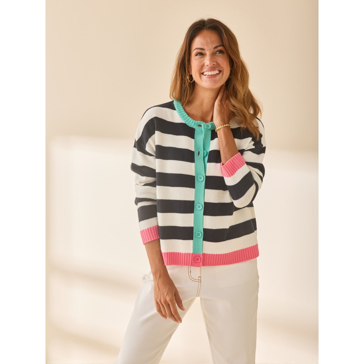 Cardigan à rayures ecru rayé marine, DAXON